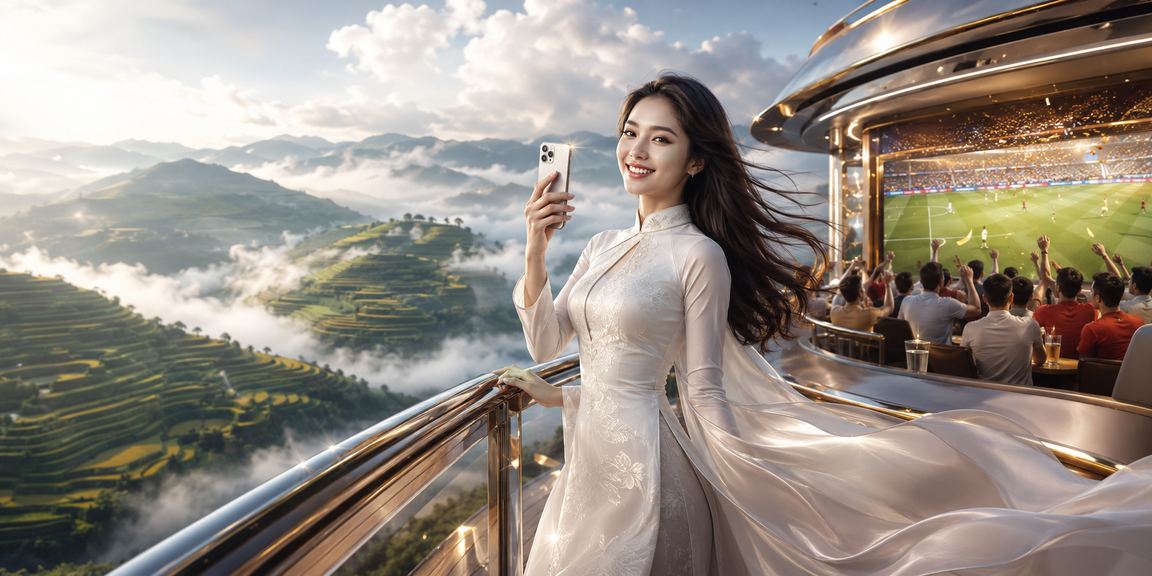 Người dùng tại Sa Pa mặc áo dài trải nghiệm casino di động trên điện thoại giữa thiên nhiên
